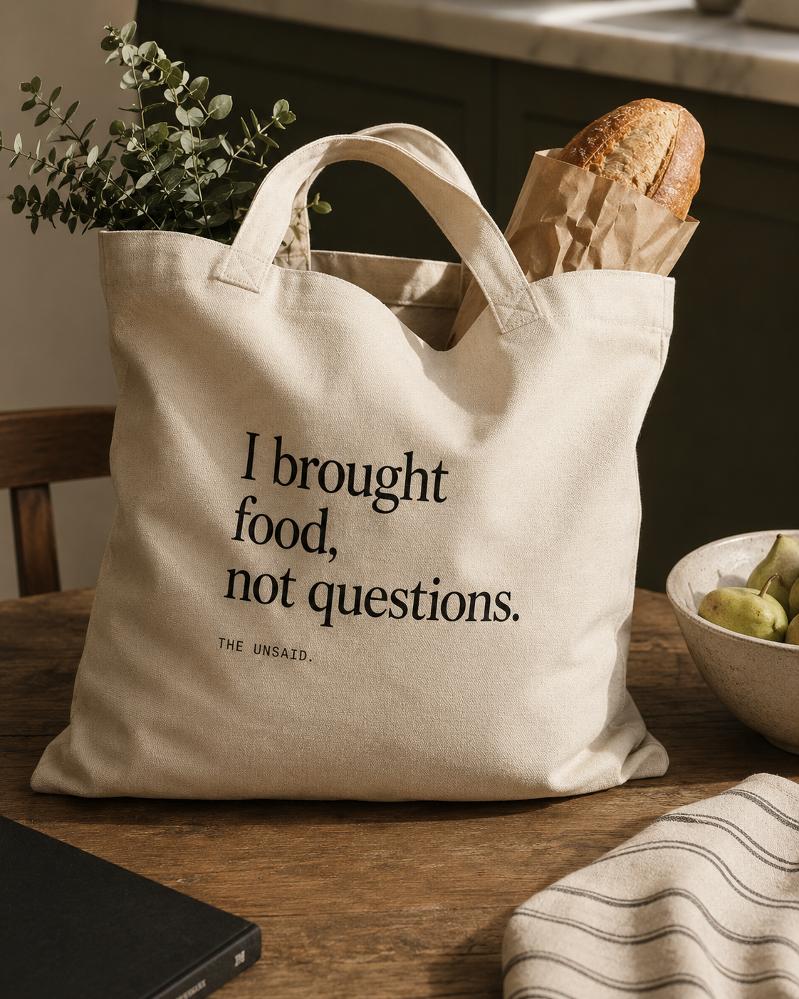 Tote — I brought food, not questions.